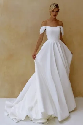 off the shoulder solid satin a line simple wedding dress