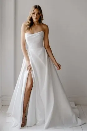modern strapless a line satin high slit wedding dress