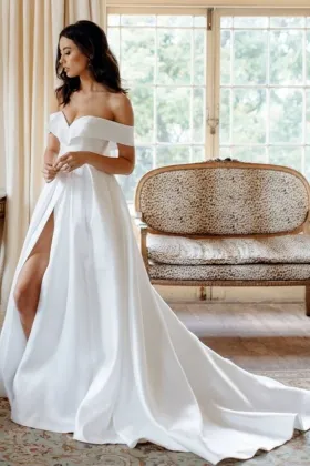 off the shoulder satin a line sexy slit wedding dress