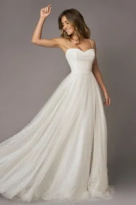 cute polka dot tulle spaghetti straps long wedding dress