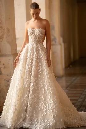 pearled 3d flower strapless a line spring bridal dress