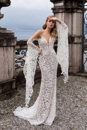 illusion floral lace bell sleeve beach wedding dress