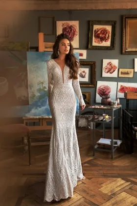 vintage lace plunging long sleeve mermaid wedding dress