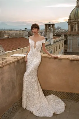 sequinned scalloped lace plunging desginer wedding dress