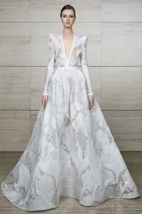 sequinned big flower lace long sleeve dreamy bridal gown