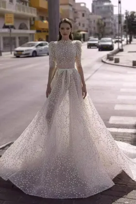 romantic sequinned 3d leaf lace half sleeve bridal dress