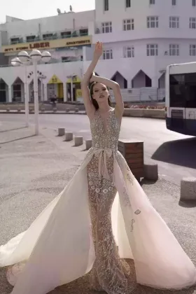 daring sheer sequinned floral lace overskirt bridal gown