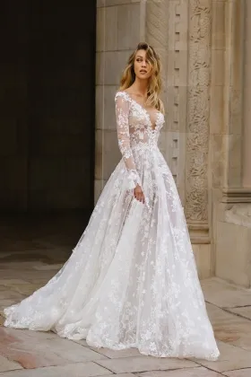 romantic 3d flower lace long sleeve outdoor wedding gown