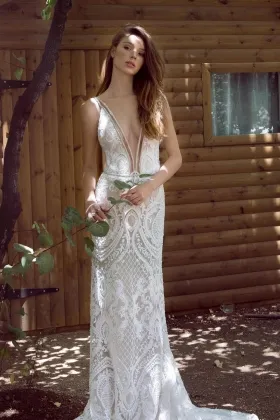 daring crystals deep v neck abstract lace wedding gown