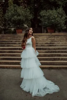 chic ivory tiered tulle puffy bohemian bridal dress