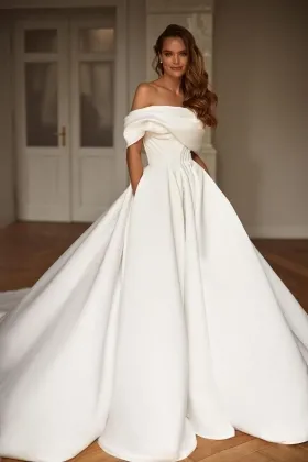 modern off shoulder ivory satin draped ball gown