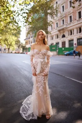 nude tulle floral lace off shoulder garden wedding dress