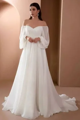 off shoulder puffy sleeve ivory chiffon beach wedding gown