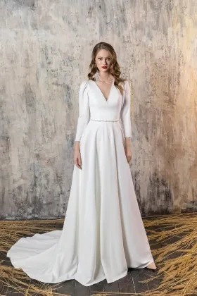 deep v neck beaded long sleeve satin a line wedding gown