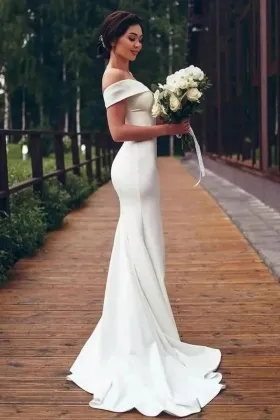 simple ivory satin off shoulder mermaid wedding dress