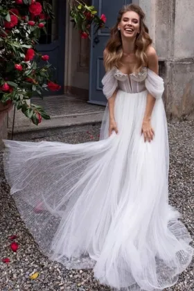 charming off shoulder beaded pleated tulle wedding dress