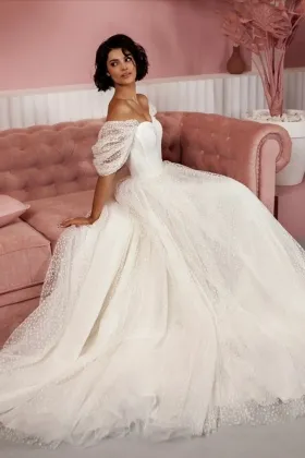 cute off shoulder polka dot tulle puffy wedding gown