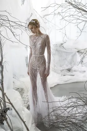 seductive sheer lace and feather modern wedding dress