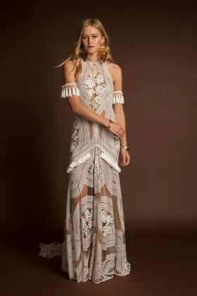 tassel sleeve abstract lace mermaid bohemian bridal gown