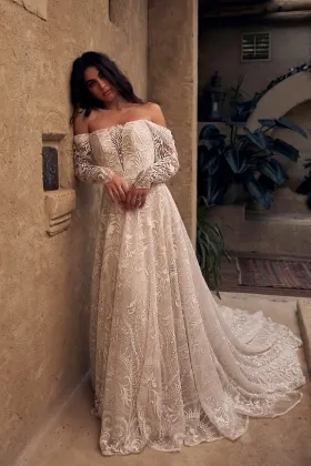 off the shoulder abstract lace destination wedding dress