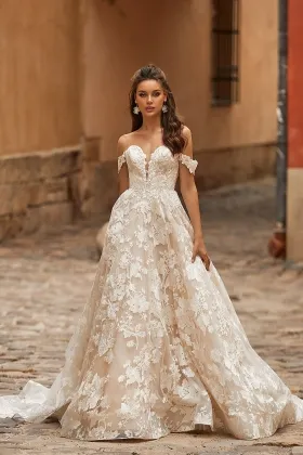 floral lace off shoulder a line destination bridal dress