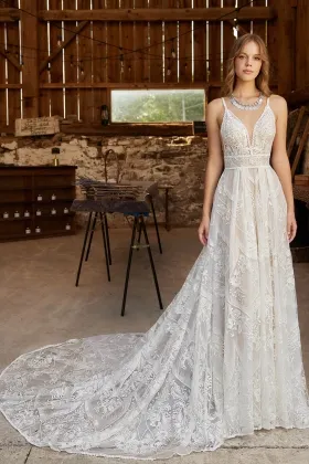 floral lace plunging neck a line designer wedding dress