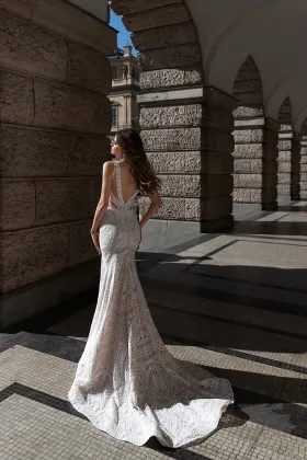 geometric lace v back fit and flare boho wedding dress