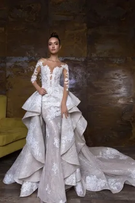 glitter lace mermaid bridal dress with layered overskirt