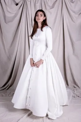 vintage bows buttons satin long sleeve bridal dress