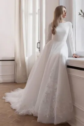 modest crepe and tulle boat neck long sleeve bridal gown