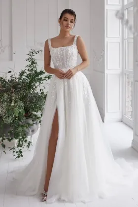 beaded lace and tulle square neck slit wedding dress