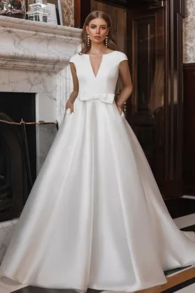 modern v neck cap sleeve satin pocket wedding dress