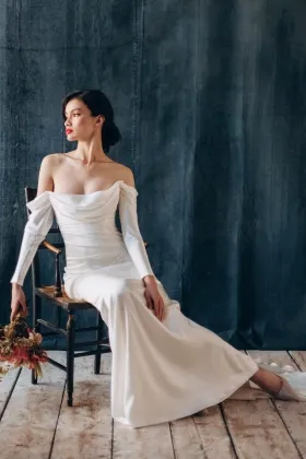draped off shoulder sleeve cowl neck satin bridal dress
