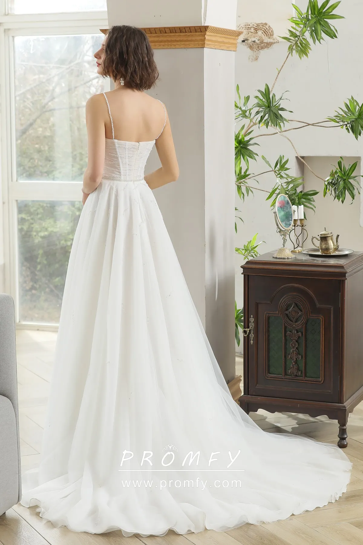 Airy Spaghetti Strap Sweetheart Beaded Tulle Bridal Gown - Promfy