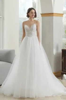 ethereal spaghetti strap lace tulle a line wedding dress