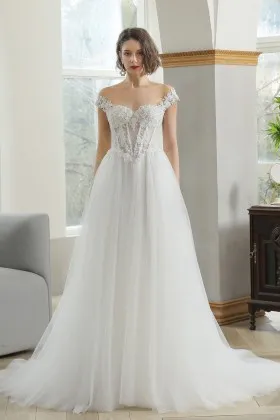 beaded lace illusion corset off shoulder wedding dress