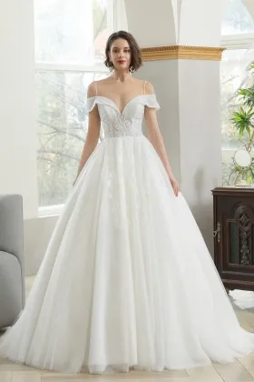 off shoulder ivory lace glitter tulle princess wedding gown