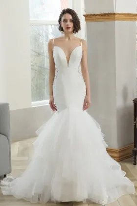 plunging neck drop waist flounced mermaid bridal dress