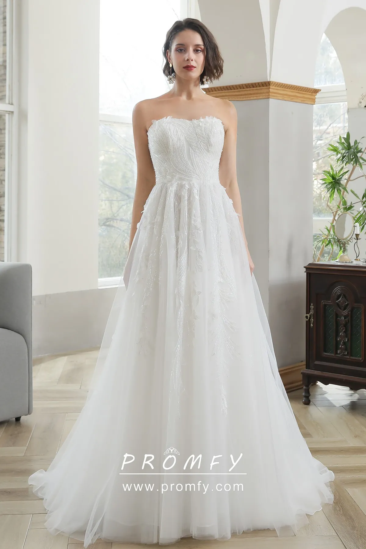 Beaded Leaf Lace Aline Sweetheart Classic Bridal Dress Promfy