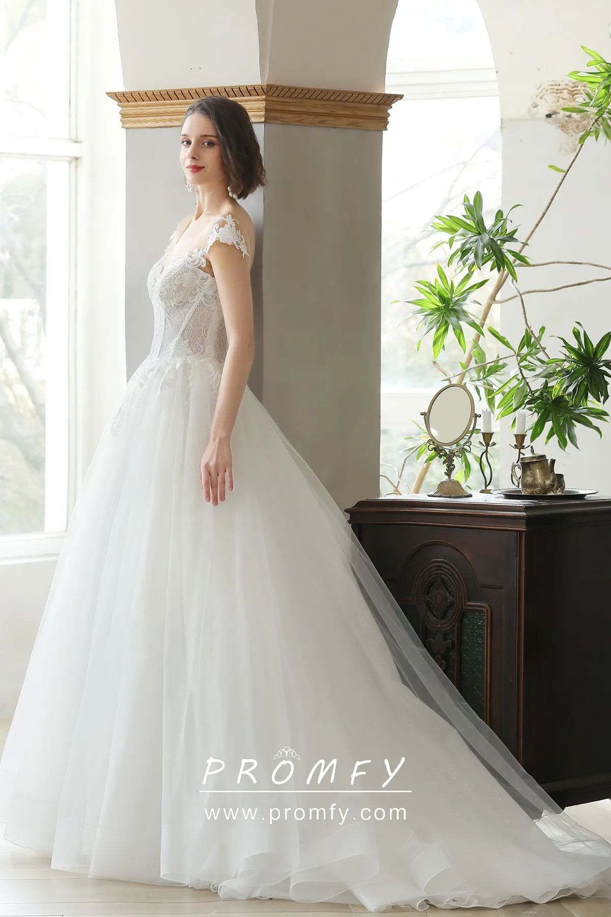 Modern Illusion Sweetheart Cap Sleeve Aline Bridal Gown Promfy