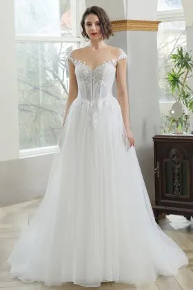 modern illusion sweetheart cap sleeve a line bridal gown