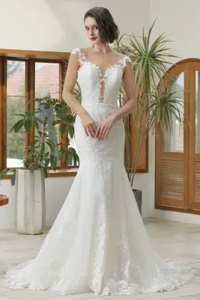 sexy plunging bodice cap sleeve mermaid lace bridal gown