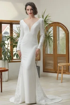 lace satin plunging neck sleeved winter bridal dress