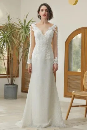 lace glitter tulle long sleeves mermaid wedding dress