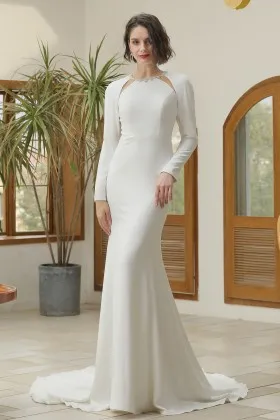 modern satin beaded long sleeve cut outs wedding dress
