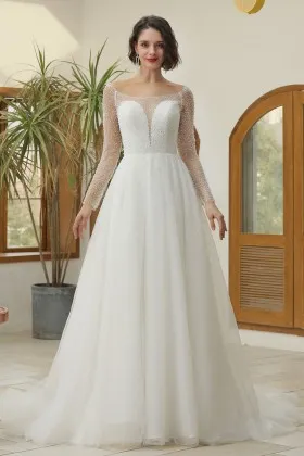 luxury beadinf long sleeves glitter tulle wedding gown