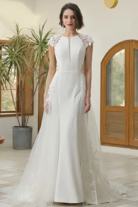 cap sleeve lace satin illusion overskirt bridal dress
