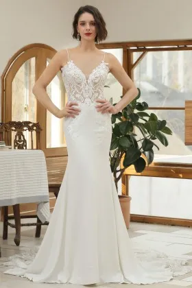 lace satin spaghetti straps v neck outdoor bridal gown