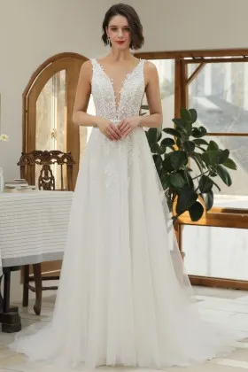 leaf lace ivory tulle plunging neck a line wedding dress