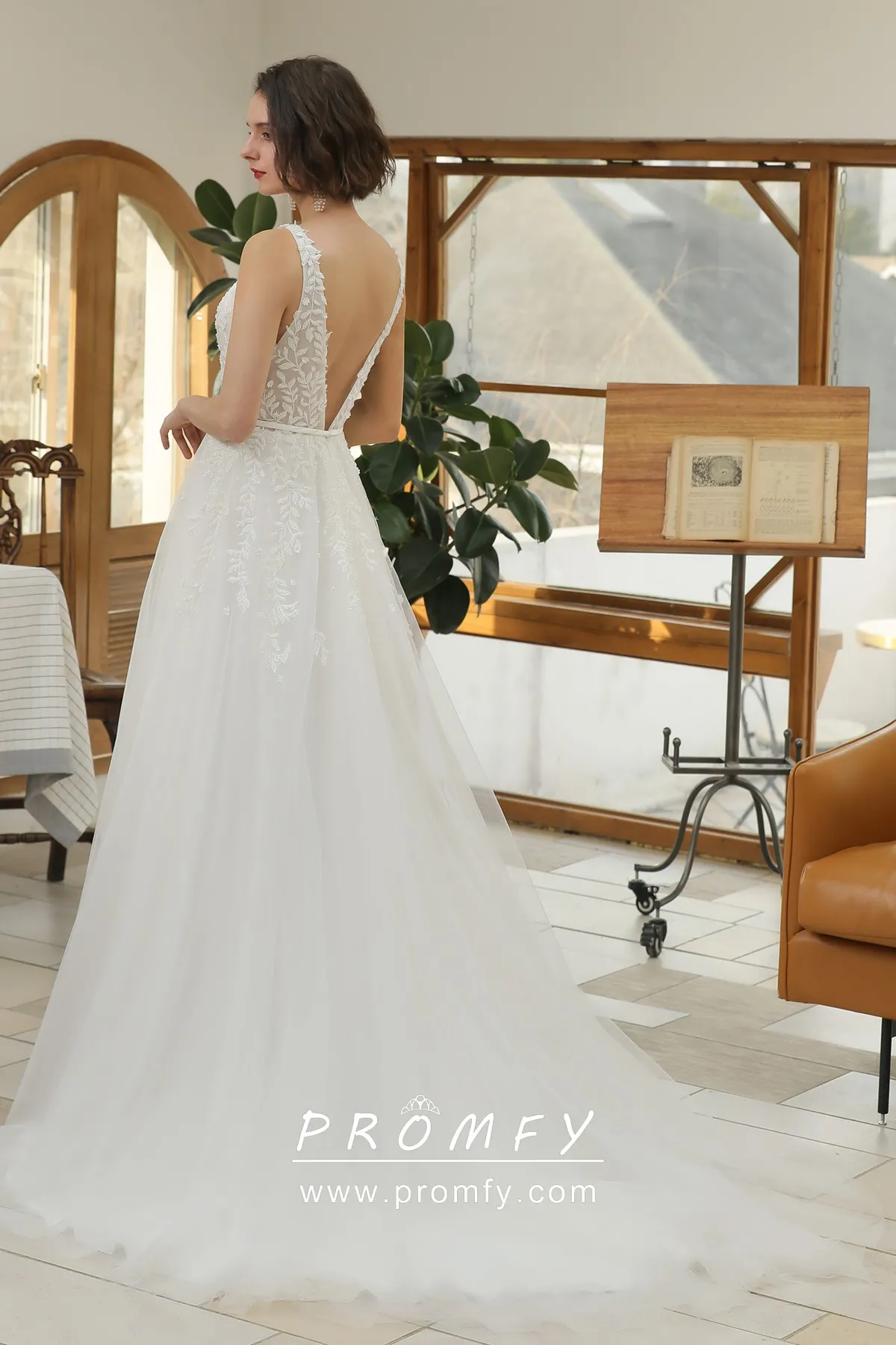 Lace Plunging Neckline Ivory Tulle Floral Wedding Dress